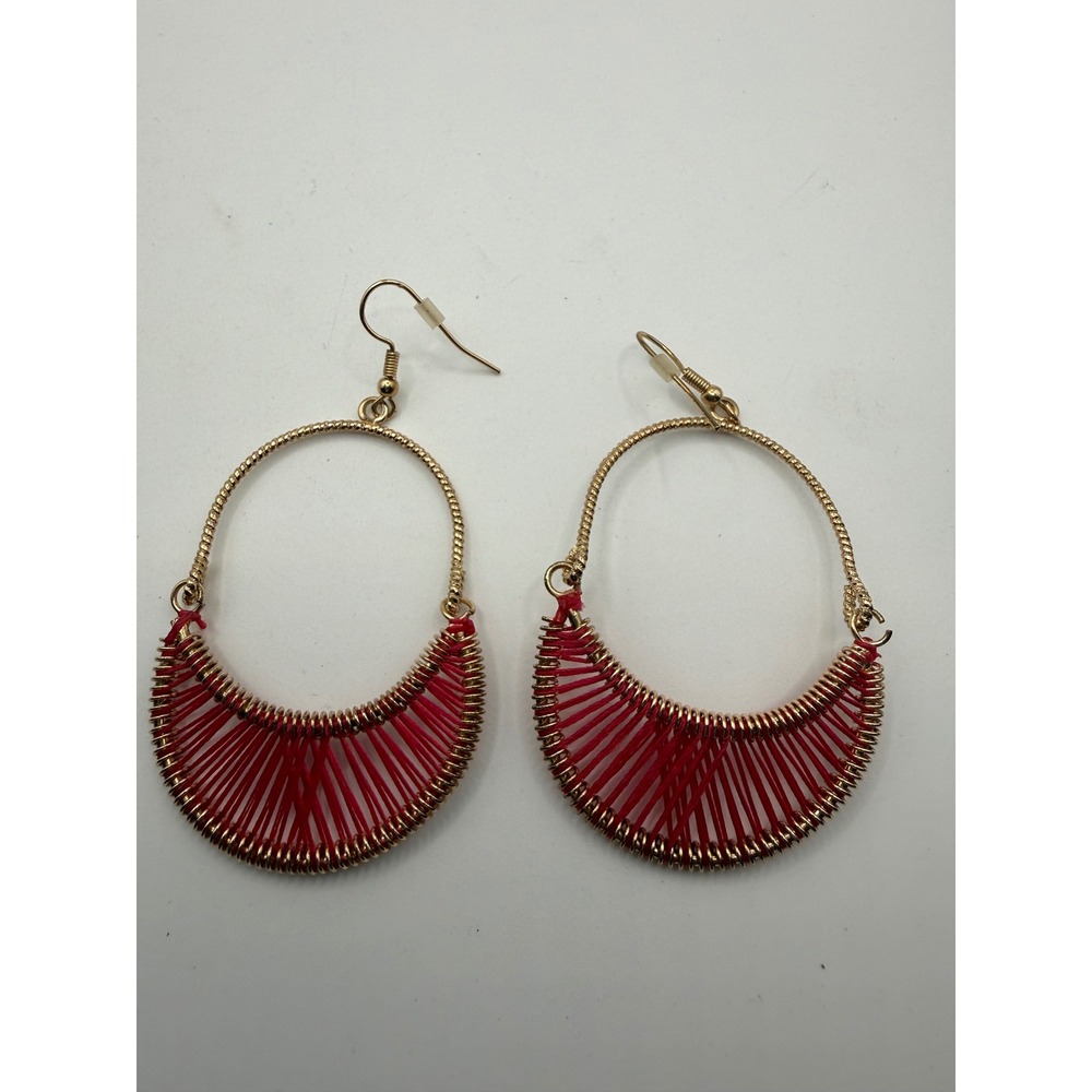 Gold‎ Tone Red Thread Wrapped Hoop Earrings Boho Crescent Drop Dangle Fishhook
